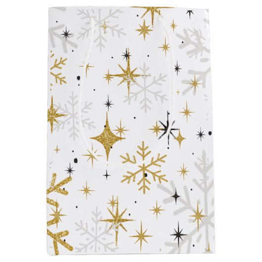 White & Gold Snowflake Sparkle Gift Bag – Elegant  Medium Cadeauzakje (Voorkant)