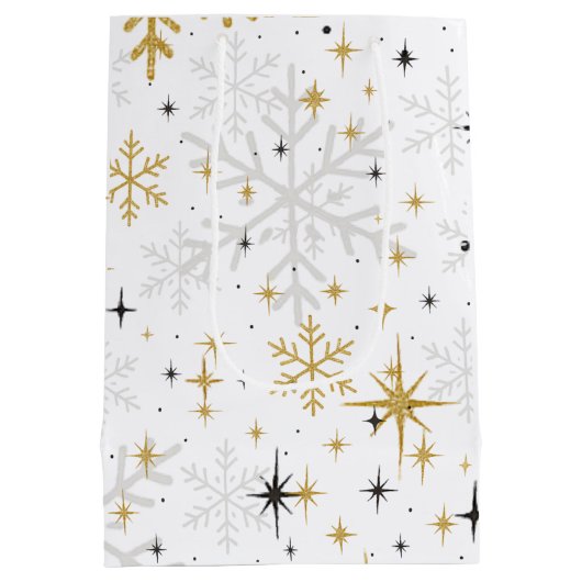 White & Gold Snowflake Sparkle Gift Bag – Elegant  Medium Cadeauzakje (Achterkant)