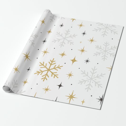 White & Gold Snowflake Sparkle Wrapping Paper  Cadeaupapier (Uitgerold)