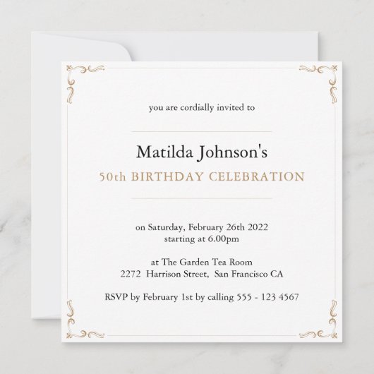 White Gold Square 50th Birthday Calligraphy Foto Kaart (Achterkant)