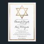 White Gold Star Border Bar Mitzvah Hebreeuwse naam Kaart<br><div class="desc">Deze moderne en elegante bar mitswa-uitnodiging met de Hebreeuwse naam is perfect voor de speciale dag van uw kind. Het beschikt over een faux gedrukte gouden folie Star of David en de rand op de top van een eenvoudige witte achtergrond met cursieve typografie. Het is chique, minimalistisch en vorstelijk. ***BELANGRIJKE...</div>