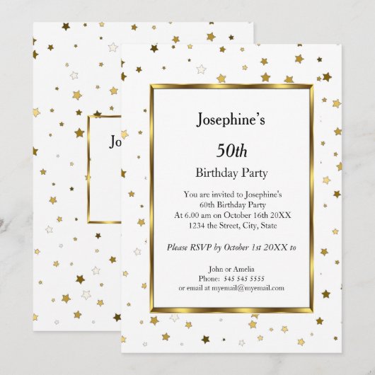 White Gold Stars 50th Birthday Party Invitation Kaart (Voorkant / Achterkant)