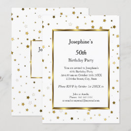 White Gold Stars 50th Birthday Party Invitation Kaart