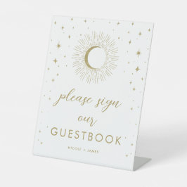 White Gold Stars Celestial Sunburst Guestbook Sign Reclamebord Met Voetstuk
