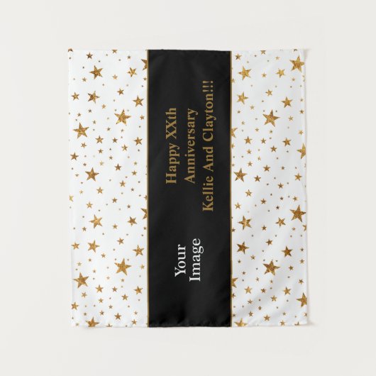 White/Gold Stars met bericht/foto-Jubileum Wandkleed (Voorkant)