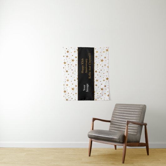 White/Gold Stars met bericht/foto-Jubileum Wandkleed (In situ)