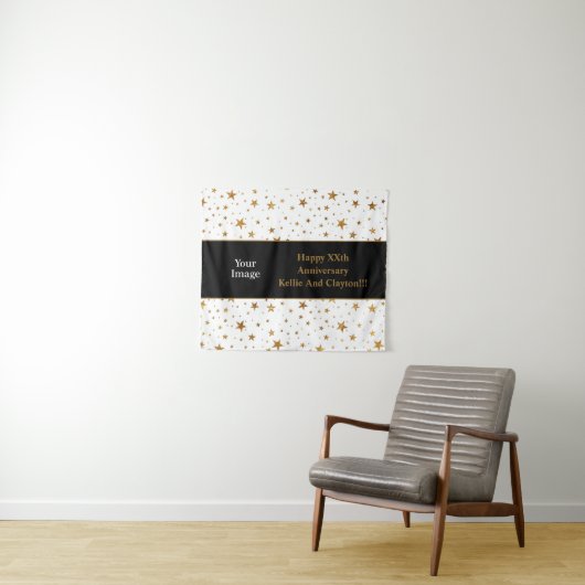 White/Gold Stars met bericht/foto-Jubileum Wandkleed (In Situ (horizontaal))