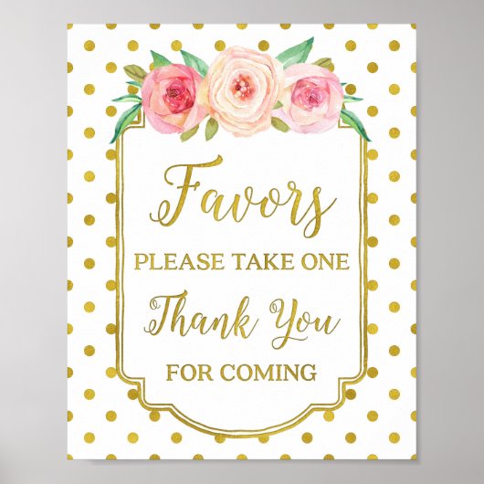 White Gold Stippen Blush Floral Favors Sign Poster (Voorkant)