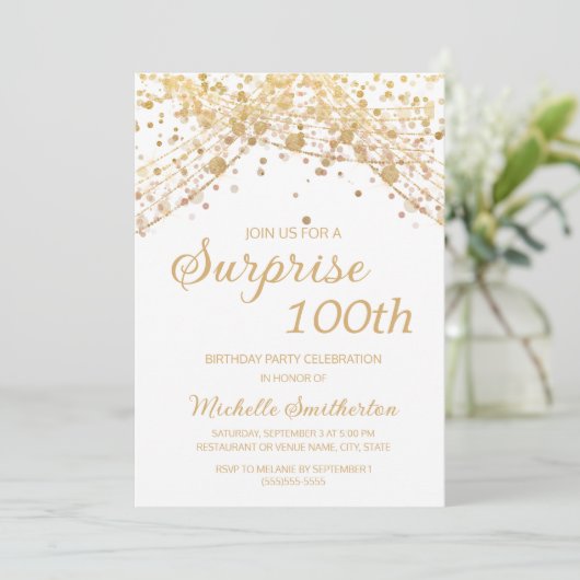 White Gold String Lights Surprise 100th Birthday Kaart (Staand voorkant)