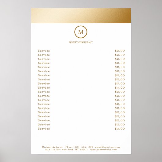 White Gold Stripe Monogramm Circle Prijslijst Poster (Voorkant)