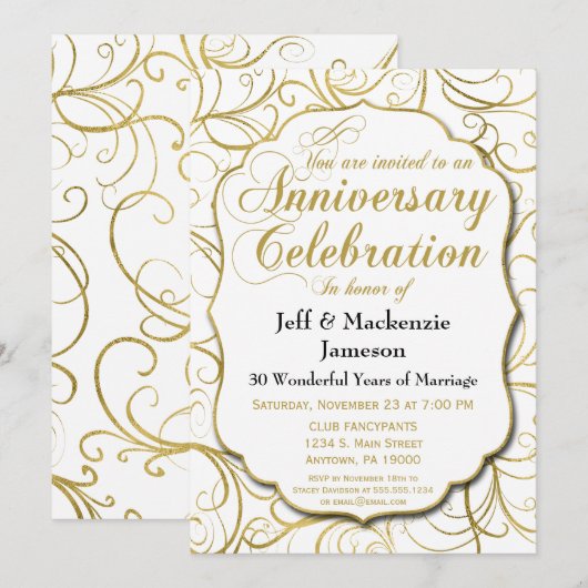 White Gold Swirl Jubileum Invitation Elegant Kaart (Voorkant / Achterkant)