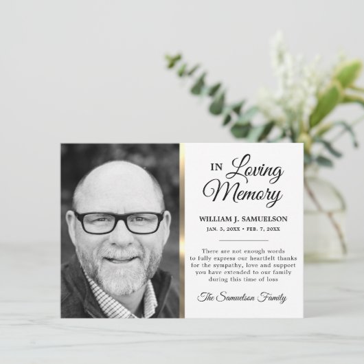 White Gold Sympathie Funeral Memory DANK You Photo Bedankkaart (Staand voorkant)