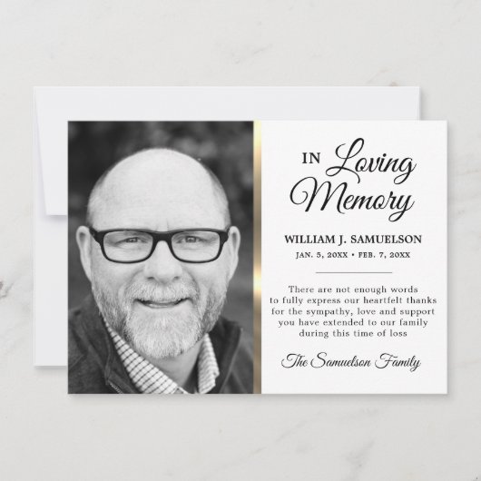 White Gold Sympathie Funeral Memory DANK You Photo Bedankkaart (Voorkant)