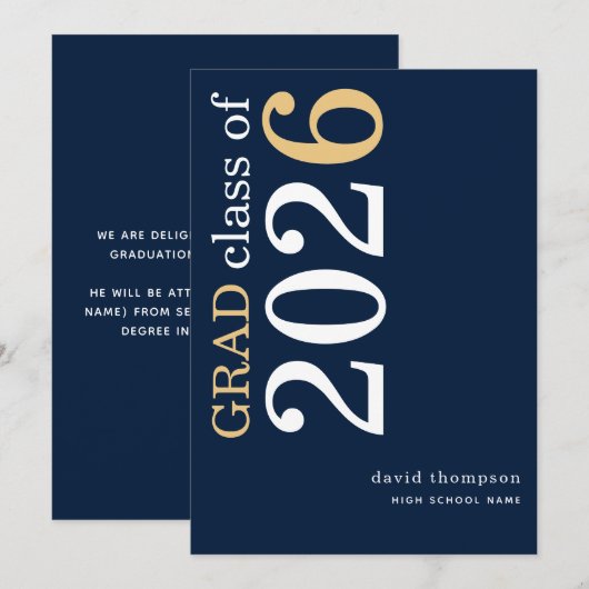 White Gold Text 2026 Navy Blue Graduation  Aankondiging (Voorkant / Achterkant)
