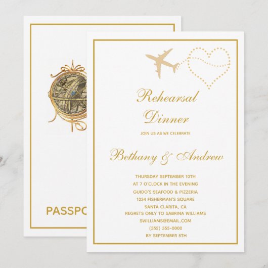 White Gold Travel Weduwen Rehearsal Dinner Kaart (Voorkant / Achterkant)