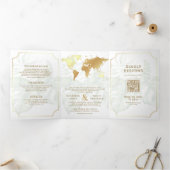 White Gold Tropical Destination World Map Wedding Drieluik Uitnodiging (Binnen)
