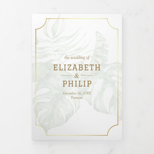 White Gold Tropical Destination World Map Wedding Drieluik Uitnodiging (Cover)