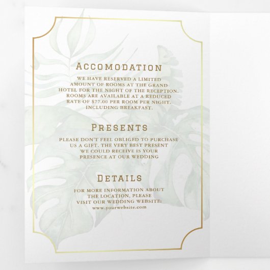 White Gold Tropical Destination World Map Wedding Drieluik Uitnodiging (Binnenzijde eerst)