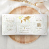 White Gold Tropical Destination World Map Wedding Drieluik Uitnodiging
