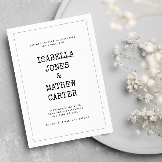 White gold typewriter font rustic style wedding kaart