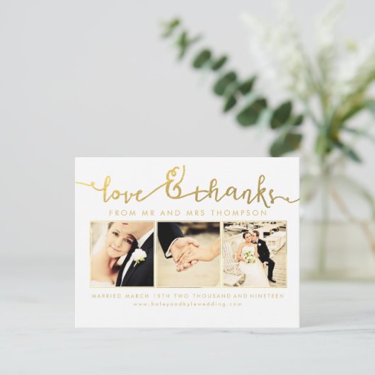 White Gold Wedding Love & Bedankt Script Foto Briefkaart (Staand voorkant)