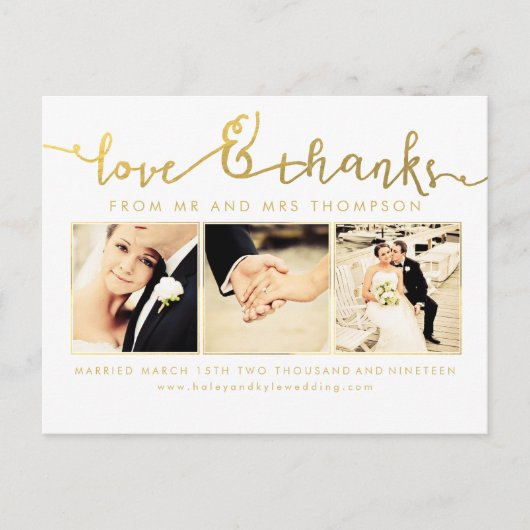 White Gold Wedding Love & Bedankt Script Foto Briefkaart (Voorkant)