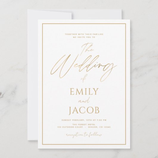 White Gold Wedding Modern Typography Invitation Kaart (Voorkant)