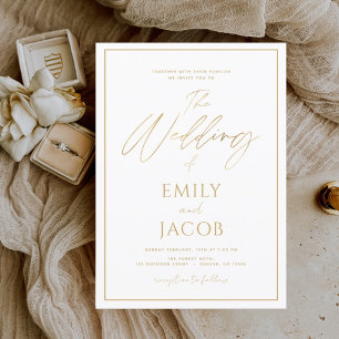 White Gold Wedding Modern Typography Invitation Kaart