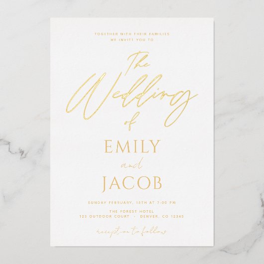White Gold Wedding Modern Typography Script Folie Uitnodiging (Voorkant)
