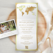 White Gold World Map QR Code Photo Wedding Drieluik Uitnodiging