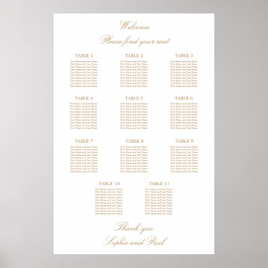 White Golden Beige 11 Table Wedding Seating Chart Poster (Voorkant)