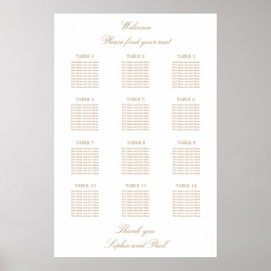 White Golden Beige 12 Table Wedding Seating Chart Poster (Voorkant)