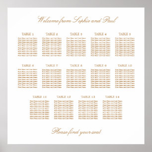 White Golden Beige 14 Table Wedding Seating Chart Poster