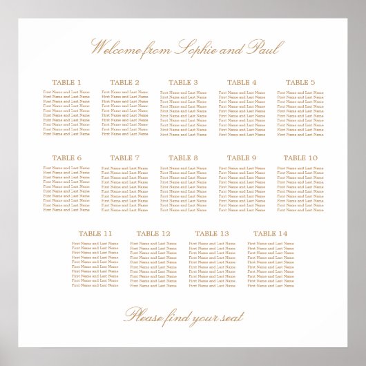 White Golden Beige 14 Table Wedding Seating Chart Poster (Voorkant)