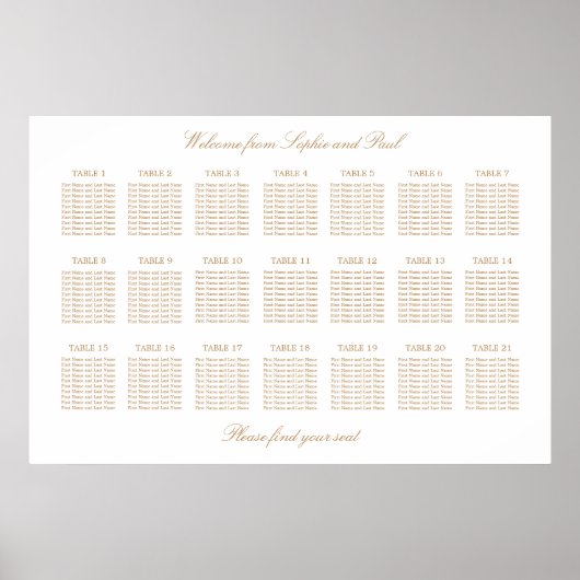 White Golden Beige 21 Table Wedding Seating Chart Poster (Voorkant)