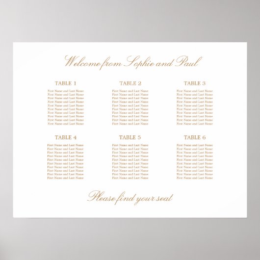 White Golden Beige 6 Table Wedding Seding Chart Poster (Voorkant)