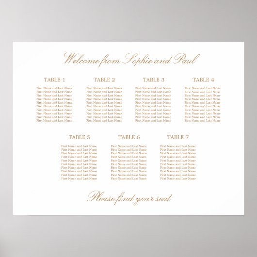 White Golden Beige 7 Table Wedding Seding Chart Poster (Voorkant)
