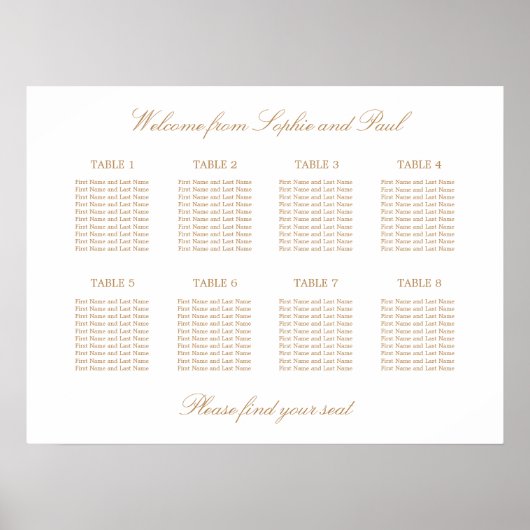 White Golden Beige 8 Table Wedding Seding Chart Poster (Voorkant)