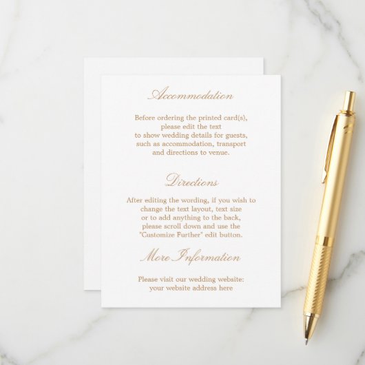 White Golden beige Wedding Details Kaart (Voorkant / Achterkant in situ)
