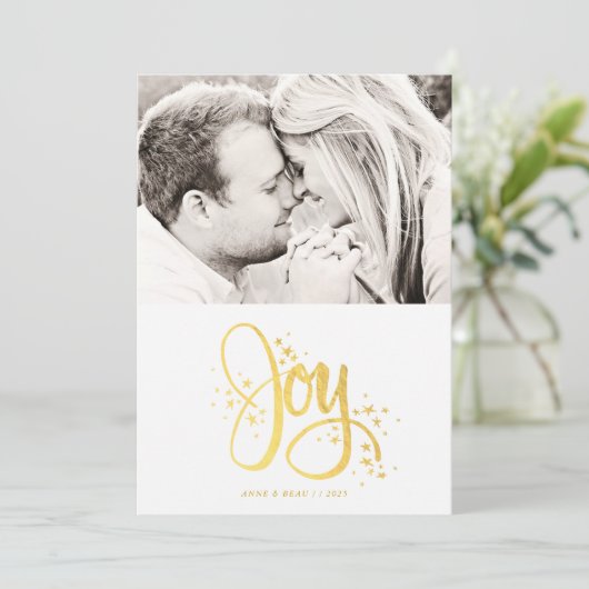 White Golden Joy Modern Photo Holiday Kaart (Staand voorkant)