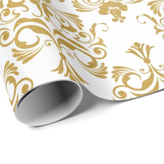 White Golden Royal Damask Floral Ornament Cadeaupapier (Rol Hoek)