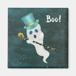 White Goofy Ghost in Sky Blue Eyes Top Hat Skull Magneet