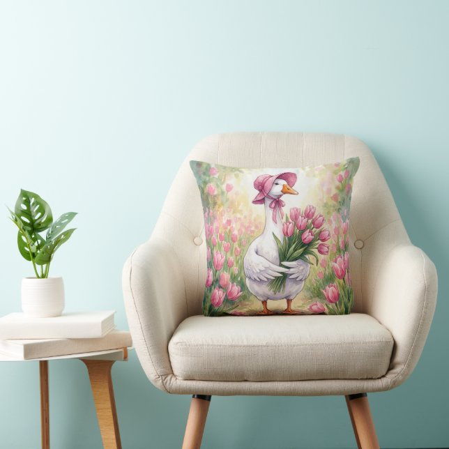 White Goose With Pink Tulips Kussen (Stoel)