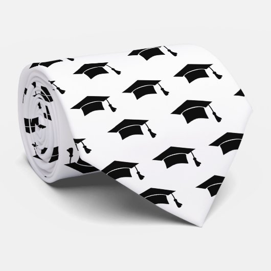 White Graduation Black Cap Icon Pattern Keepsake Stropdas (Opgerold)