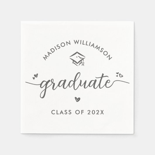White Graduation Gray Script Hearts Cap Modern Fun Servet (Voorkant)