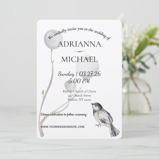 White, Gray, Bird Rustic Wedding Invitation Kaart (Staand voorkant)
