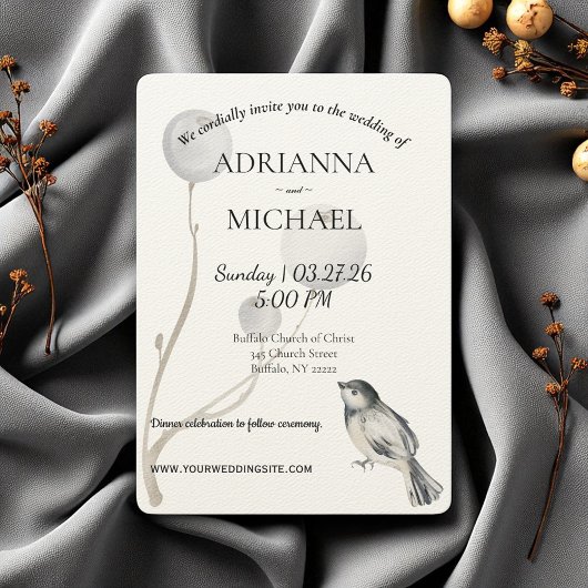 White, Gray, Bird Rustic Wedding Invitation Kaart