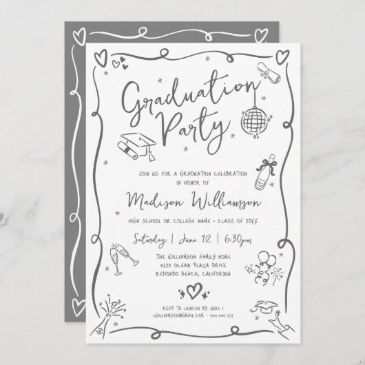 White Gray Hand Drawn Doodles Graduation Fun Party Kaart (Voorkant / Achterkant)