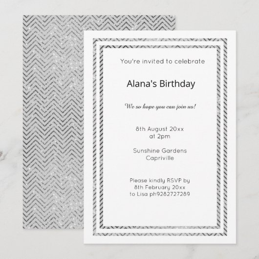 WHITE GRAY SILVER CHEVRON TRIM BIRTHDAY INVITATION KAART (Voorkant / Achterkant)