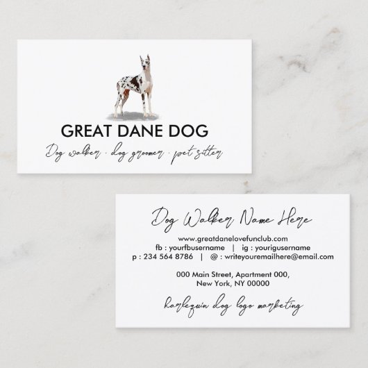 White Great Dane Harlequin Dog Visitekaartje (Voorkant / Achterkant)